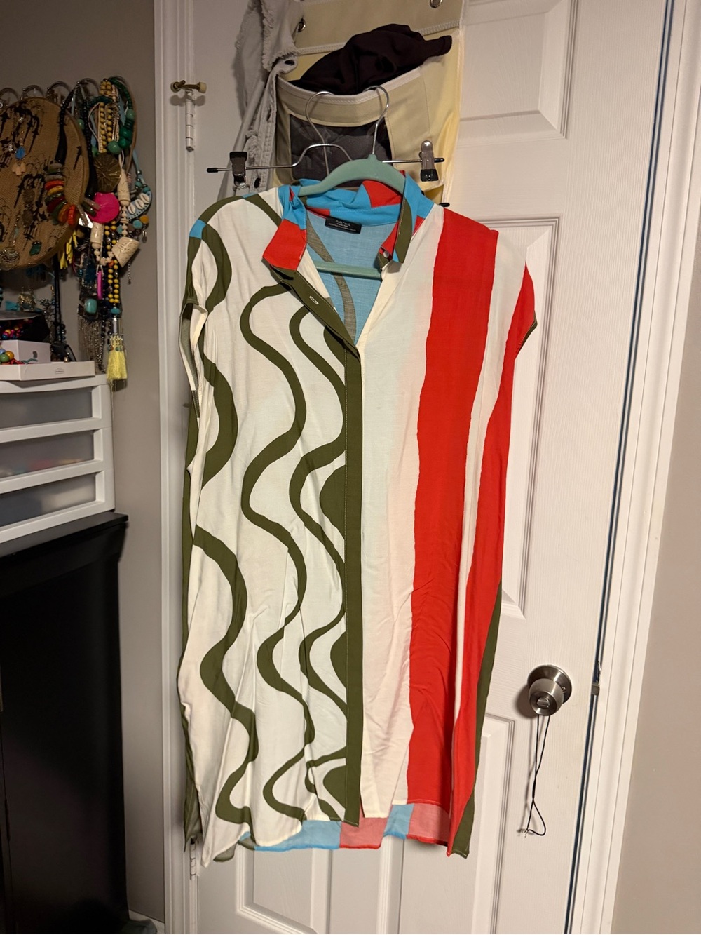 Multicolor Striped & Wave Print Shirt Dress - Red, Olive & White